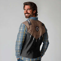 Western Cowboy Vest Style Long Sleeve Polo Shirt Blue Yellow Plaid Pattern - Wonder Print Shop