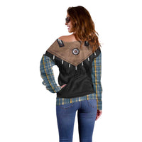 Western Cowboy Vest Style Off Shoulder Sweater Blue Yellow Plaid Pattern - Wonder Print Shop