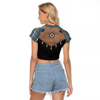 Western Cowboy Vest Style Raglan Cropped T Shirt Blue Yellow Plaid Pattern - Wonder Print Shop