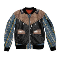 Western Cowboy Vest Style Sleeve Zip Bomber Jacket Blue Yellow Plaid Pattern - Wonder Print Shop