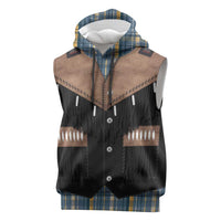 Western Cowboy Vest Style Sleeveless Hoodie Blue Yellow Plaid Pattern - Wonder Print Shop