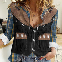 Western Cowboy Vest Style Women Casual Shirt Blue Yellow Plaid Pattern - Wonder Print Shop