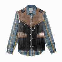 Western Cowboy Vest Style Women Casual Shirt Blue Yellow Plaid Pattern - Wonder Print Shop