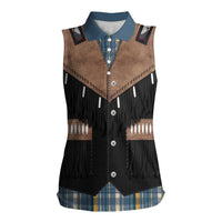 Western Cowboy Vest Style Women Sleeveless Polo Shirt Blue Yellow Plaid Pattern - Wonder Print Shop