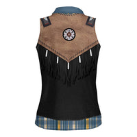 Western Cowboy Vest Style Women Sleeveless Polo Shirt Blue Yellow Plaid Pattern - Wonder Print Shop
