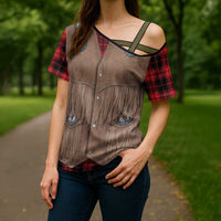 Retro Black Red Plaid Cross Shoulder Shirt Western Cowboy Vest Costume - Wonder Print Shop