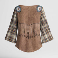 Retro Brown Beige Plaid Kimono Sleeve Blouse Western Cowboy Vest Costume - Wonder Print Shop