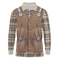 Retro Brown Beige Plaid Long Sleeve Polo Shirt Western Cowboy Vest Costume - Wonder Print Shop
