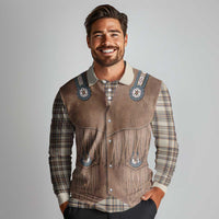 Retro Brown Beige Plaid Long Sleeve Polo Shirt Western Cowboy Vest Costume - Wonder Print Shop