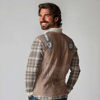 Retro Brown Beige Plaid Long Sleeve Polo Shirt Western Cowboy Vest Costume - Wonder Print Shop