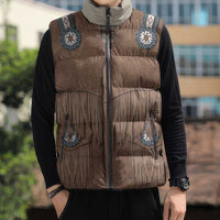 Retro Brown Beige Plaid Sleeveless Puffer Jacket Western Cowboy Vest Costume - Wonder Print Shop