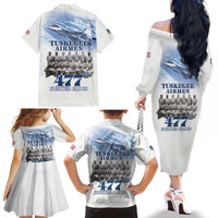 Tuskegee Airmen 477th Fighter Group Family Matching Off The Shoulder Long Sleeve Dress and Hawaiian Shirt Blue Sky Heritage - Wonder Print Shop