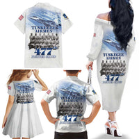 Tuskegee Airmen 477th Fighter Group Family Matching Off The Shoulder Long Sleeve Dress and Hawaiian Shirt Blue Sky Heritage - Wonder Print Shop
