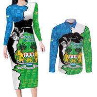 Personalised Sierra Leone Couples Matching Long Sleeve Bodycon Dress and Long Sleeve Button Shirt Chimpanzee With Coat Of Arms - Wonder Print Shop