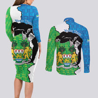 Personalised Sierra Leone Couples Matching Long Sleeve Bodycon Dress and Long Sleeve Button Shirt Chimpanzee With Coat Of Arms - Wonder Print Shop