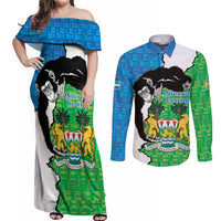 Personalised Sierra Leone Couples Matching Off Shoulder Maxi Dress and Long Sleeve Button Shirt Chimpanzee With Coat Of Arms - Wonder Print Shop