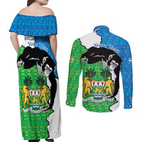 Personalised Sierra Leone Couples Matching Off Shoulder Maxi Dress and Long Sleeve Button Shirt Chimpanzee With Coat Of Arms - Wonder Print Shop