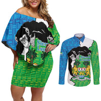 Personalised Sierra Leone Couples Matching Off Shoulder Short Dress and Long Sleeve Button Shirt Chimpanzee With Coat Of Arms - Wonder Print Shop
