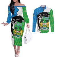 Personalised Sierra Leone Couples Matching Off The Shoulder Long Sleeve Dress and Long Sleeve Button Shirt Chimpanzee With Coat Of Arms