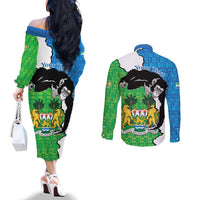 Personalised Sierra Leone Couples Matching Off The Shoulder Long Sleeve Dress and Long Sleeve Button Shirt Chimpanzee With Coat Of Arms
