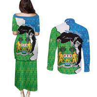 Personalised Sierra Leone Couples Matching Puletasi and Long Sleeve Button Shirt Chimpanzee With Coat Of Arms - Wonder Print Shop