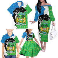 Personalised Sierra Leone Family Matching Off The Shoulder Long Sleeve Dress and Hawaiian Shirt Chimpanzee With Coat Of Arms - Wonder Print Shop