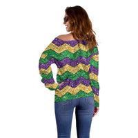Mardi Gras Zigzag Sparkle Style Off Shoulder Sweater