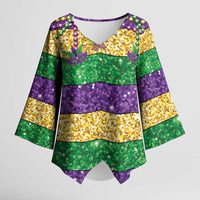 Mardi Gras Stripes Kimono Sleeve Blouse Carnival Beads & Masks