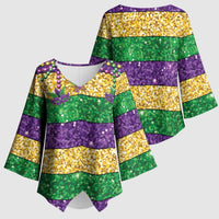 Mardi Gras Stripes Kimono Sleeve Blouse Carnival Beads & Masks