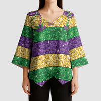 Mardi Gras Stripes Kimono Sleeve Blouse Carnival Beads & Masks