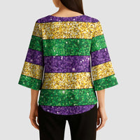 Mardi Gras Stripes Kimono Sleeve Blouse Carnival Beads & Masks