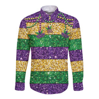 Mardi Gras Stripes Long Sleeve Button Shirt Carnival Beads & Masks