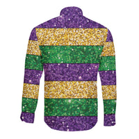 Mardi Gras Stripes Long Sleeve Button Shirt Carnival Beads & Masks