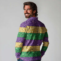 Mardi Gras Stripes Long Sleeve Polo Shirt Carnival Beads & Masks