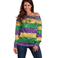Mardi Gras Stripes Off Shoulder Sweater Carnival Beads & Masks