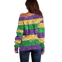 Mardi Gras Stripes Off Shoulder Sweater Carnival Beads & Masks