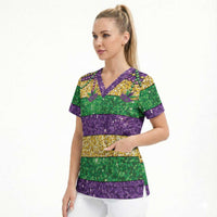 Mardi Gras Stripes Scrub Top Carnival Beads & Masks