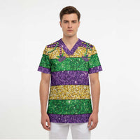 Mardi Gras Stripes Scrub Top Carnival Beads & Masks