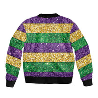 Mardi Gras Stripes Sleeve Zip Bomber Jacket Carnival Beads & Masks
