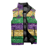 Mardi Gras Stripes Sleeveless Puffer Jacket Carnival Beads & Masks