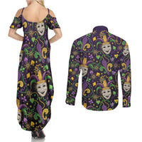 Mardi Gras Carnival Night Couples Matching Summer Maxi Dress and Long Sleeve Button Shirt Jester Mask Fantasy