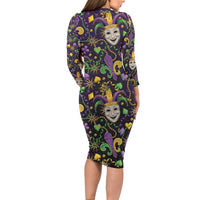 Mardi Gras Carnival Night Long Sleeve Bodycon Dress Jester Mask Fantasy