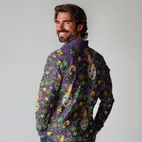 Mardi Gras Carnival Night Long Sleeve Polo Shirt Jester Mask Fantasy