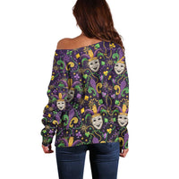 Mardi Gras Carnival Night Off Shoulder Sweater Jester Mask Fantasy