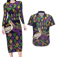 Mardi Gras Pelican Couples Matching Long Sleeve Bodycon Dress and Hawaiian Shirt Let the Good Times Roll