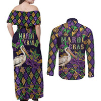 Mardi Gras Pelican Couples Matching Off Shoulder Maxi Dress and Long Sleeve Button Shirt Let the Good Times Roll