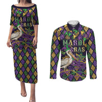 Mardi Gras Pelican Couples Matching Puletasi and Long Sleeve Button Shirt Let the Good Times Roll
