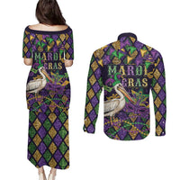 Mardi Gras Pelican Couples Matching Puletasi and Long Sleeve Button Shirt Let the Good Times Roll