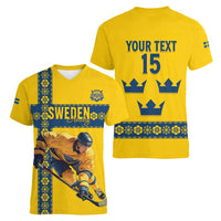 Custom Sweden Ice Hockey Women V-Neck T-Shirt Go Tre Kronor
