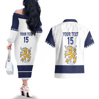 Custom Finland Ice Hockey Couples Matching Off The Shoulder Long Sleeve Dress and Hawaiian Shirt Go Suomi Go